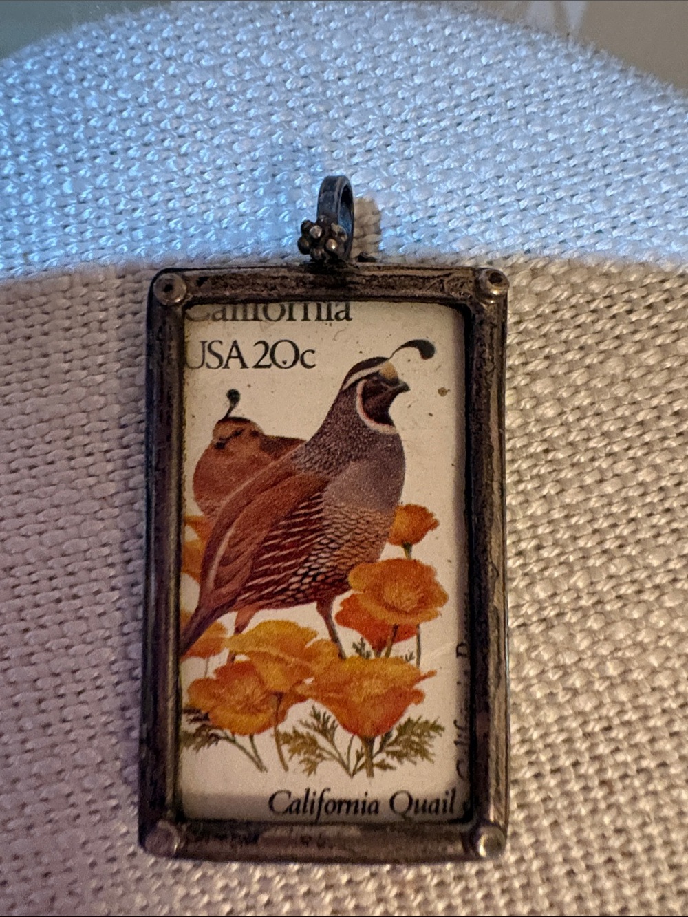 California Quail Stamp in 925 Sterling Silver Bezel Pendant ~ Necklace